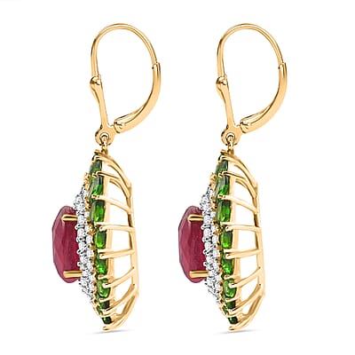 D'Joy Premium Niassa Ruby (FF) and Multi Gemstone 17.00 ctw Empress of the Forest Lever Back Earrings in 18K Vermeil Yellow Gold Over Sterling Silver
