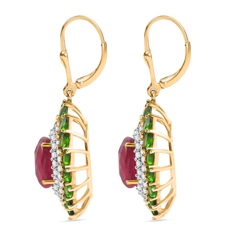 D'Joy Premium Niassa Ruby (FF) and Multi Gemstone 17.00 ctw Empress of the Forest Lever Back Earrings in 18K Vermeil Yellow Gold Over Sterling Silver