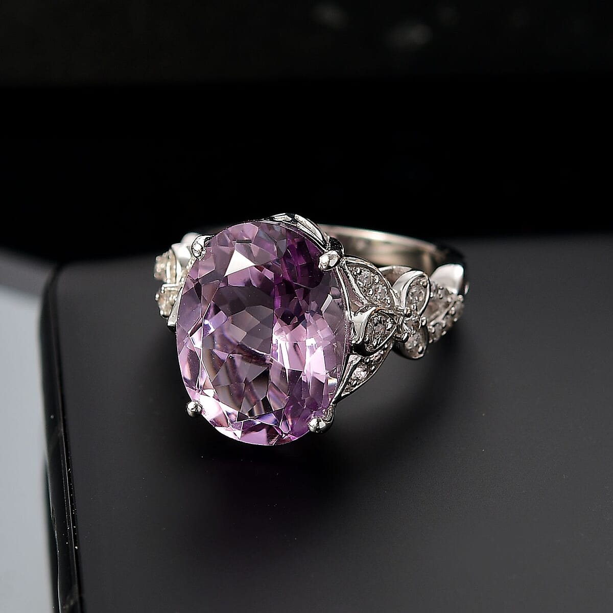 Karis Rose De France Amethyst and White Zircon 9.70 ctw Floral Ring Platinum Bond (Size 7.0) image number 1