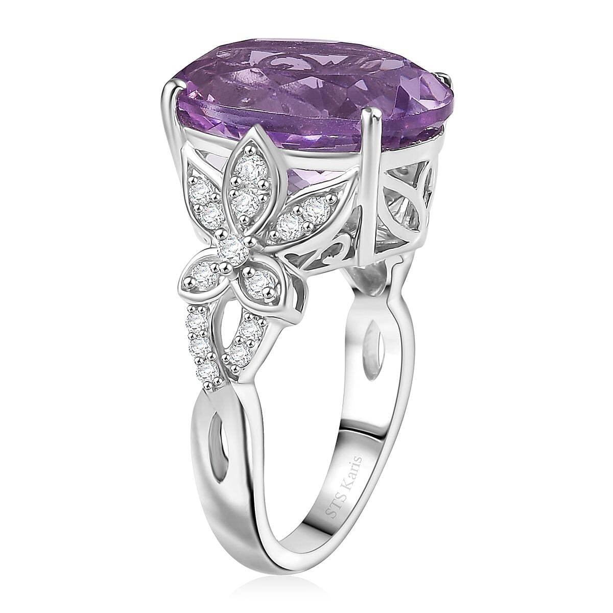 Karis Rose De France Amethyst and White Zircon 9.70 ctw Floral Ring Platinum Bond (Size 9.0) image number 3