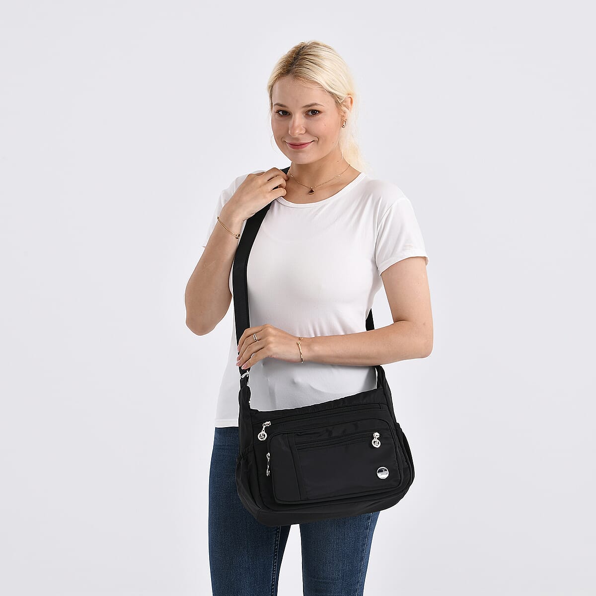 Doorbuster Black Multi Pocket Nylon Crossbody Bag with Shoulder Strap image number 2