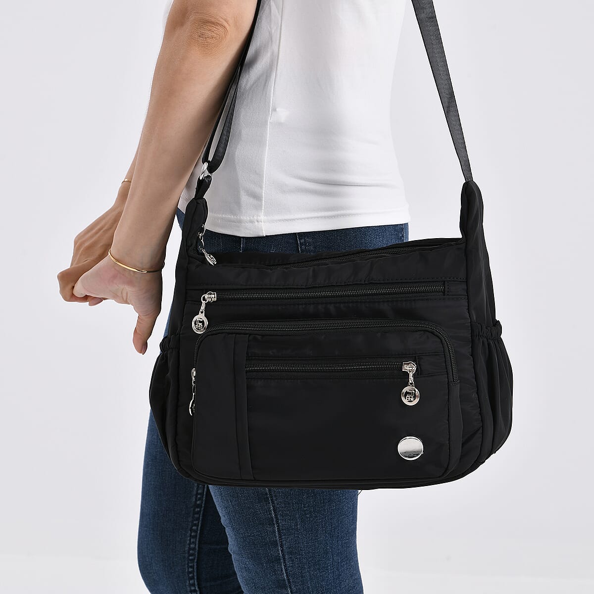 Doorbuster Black Multi Pocket Nylon Crossbody Bag with Shoulder Strap image number 3