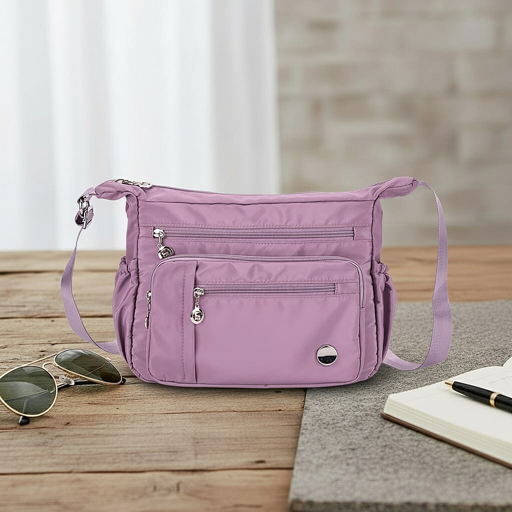 Purple Multi Pocket Nylon Crossbody Bag with Shoulder Strap