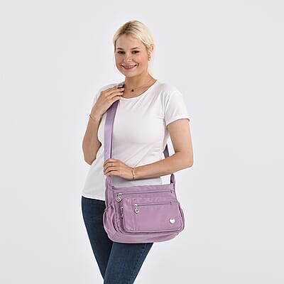Purple Multi Pocket Nylon Crossbody Bag with Shoulder Strap