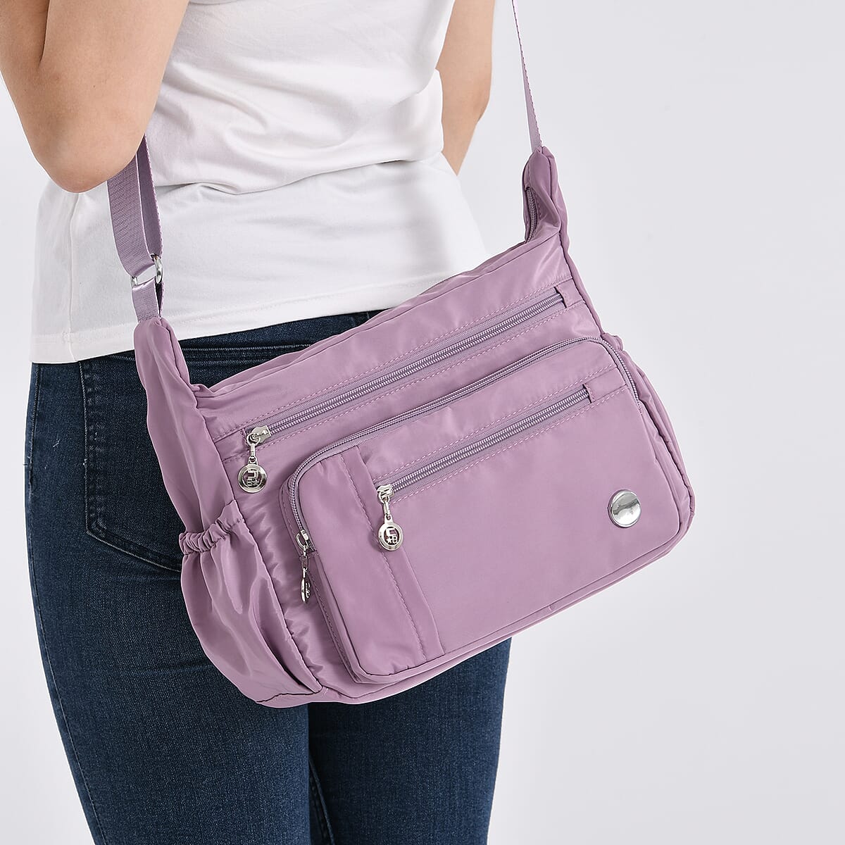 Doorbuster Purple Multi Pocket Nylon Crossbody Bag with Shoulder Strap image number 3