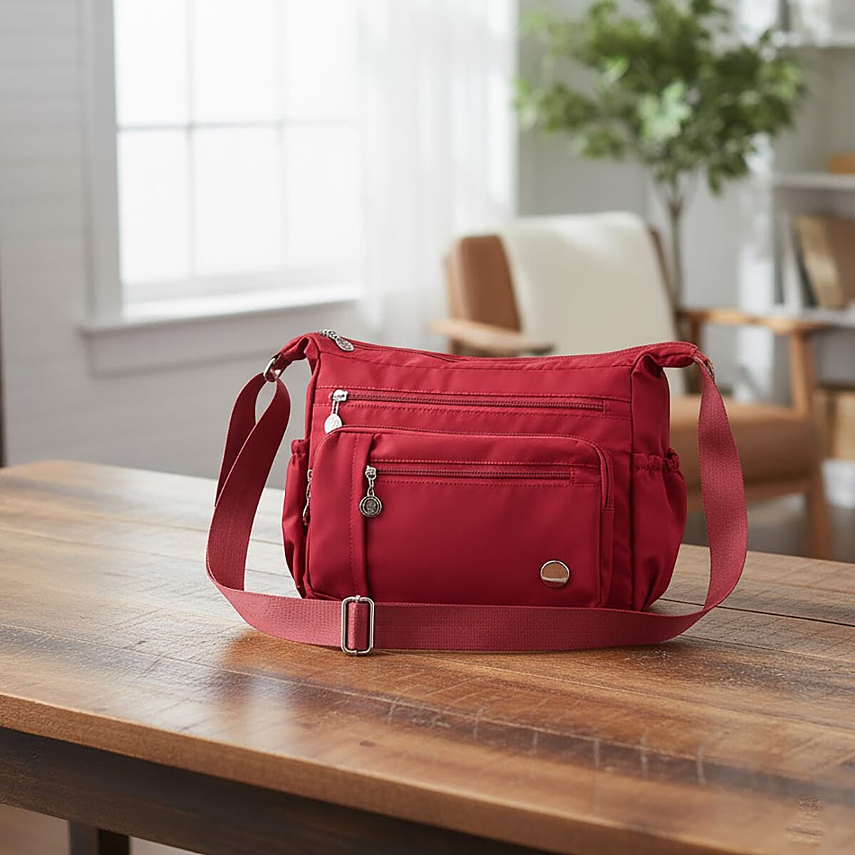  Fuchsia Multi Pocket Nylon Crossbody Bag with Shoulder Strap image number 1