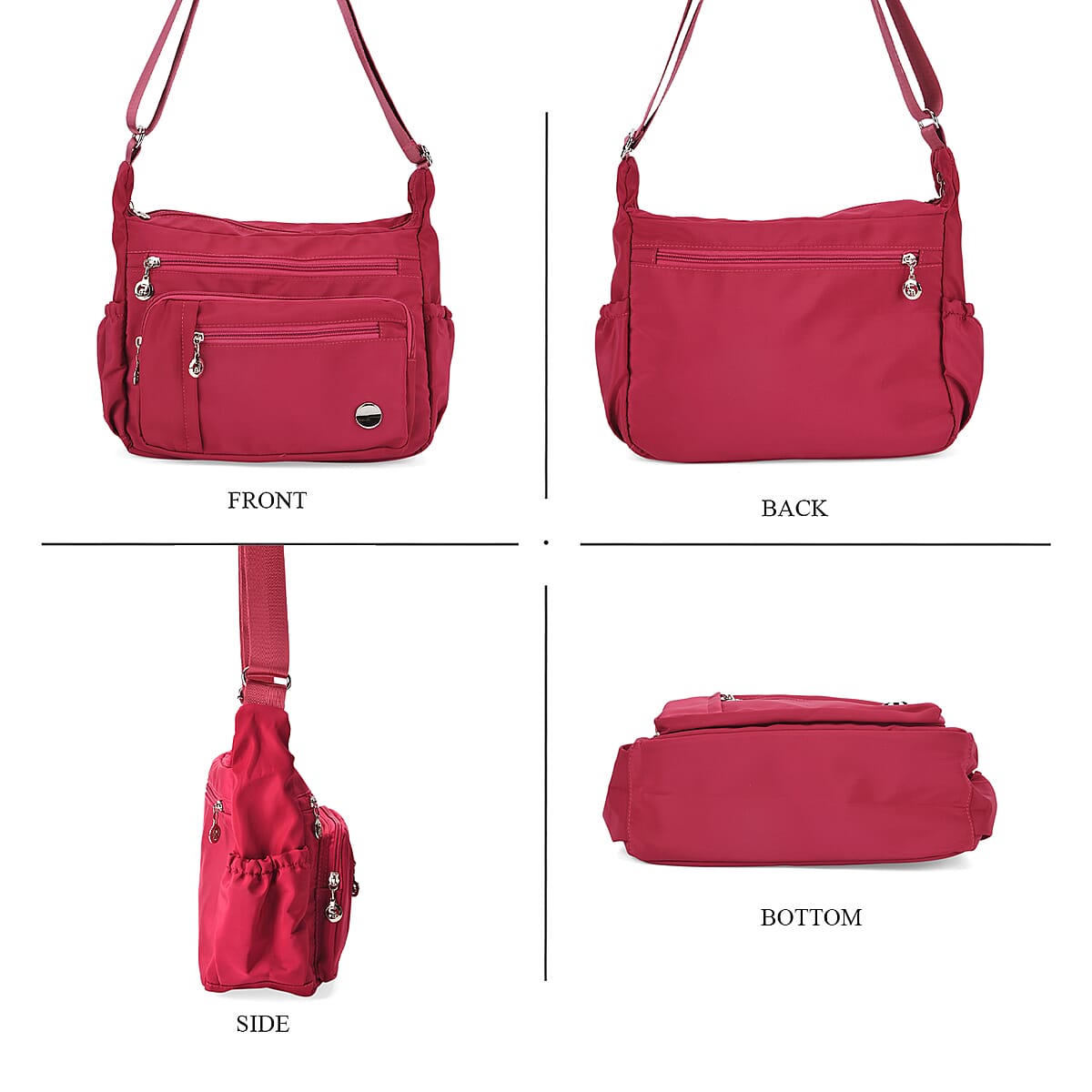  Fuchsia Multi Pocket Nylon Crossbody Bag with Shoulder Strap image number 4