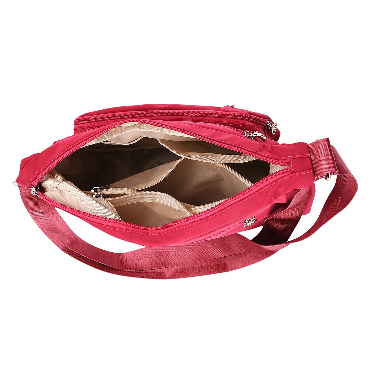  Fuchsia Multi Pocket Nylon Crossbody Bag with Shoulder Strap image number 5
