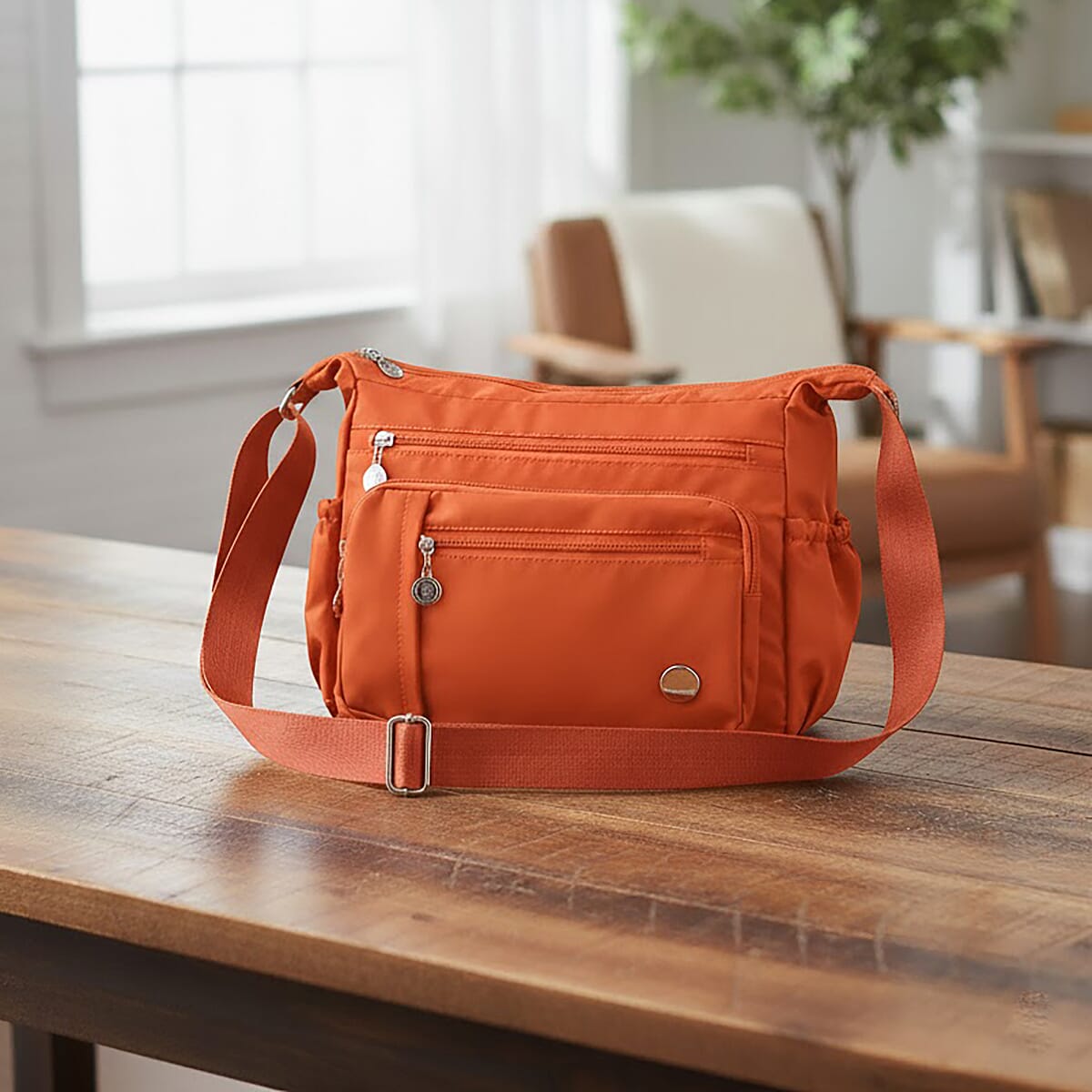  Orange Multi Pocket Nylon Crossbody Bag with Shoulder Strap image number 1