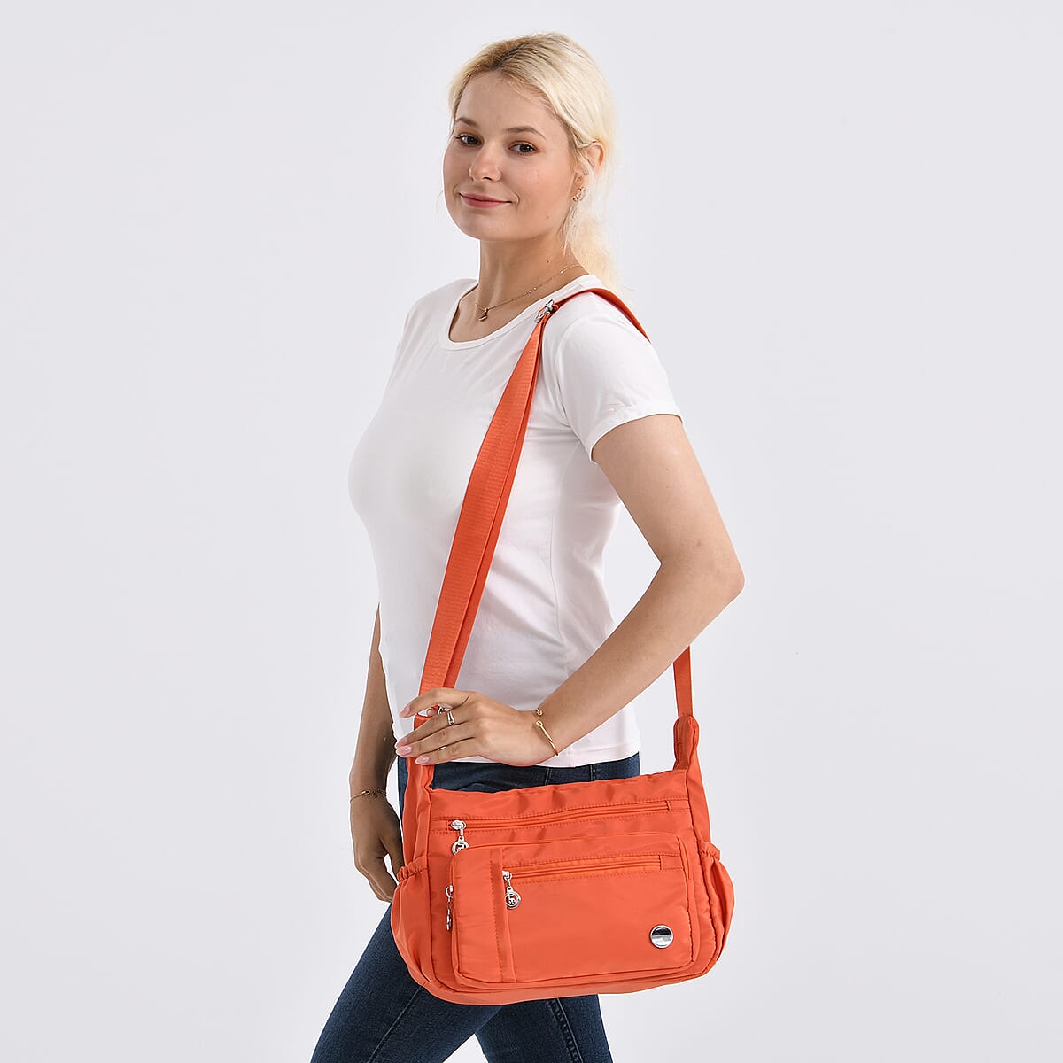  Orange Multi Pocket Nylon Crossbody Bag with Shoulder Strap image number 2
