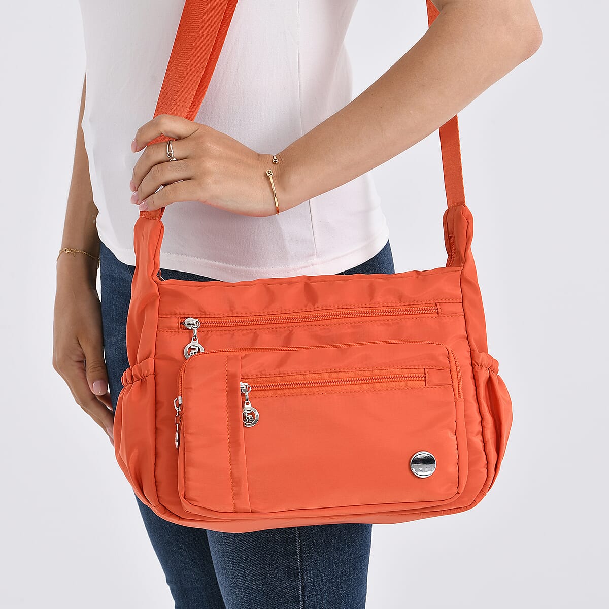  Orange Multi Pocket Nylon Crossbody Bag with Shoulder Strap image number 3