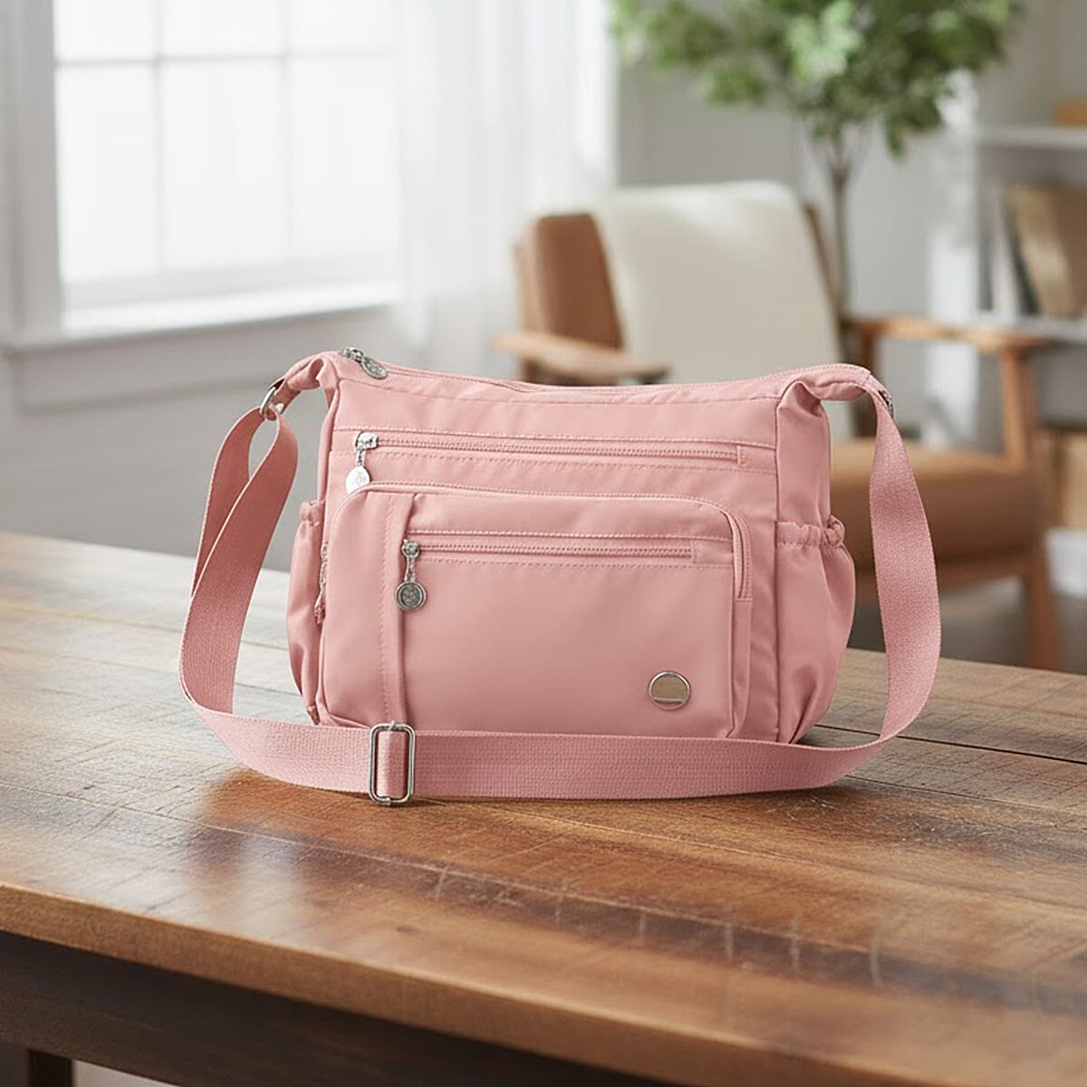  Pink Multi Pocket Nylon Crossbody Bag with Shoulder Strap image number 1