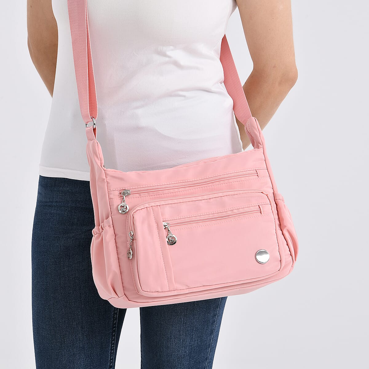  Pink Multi Pocket Nylon Crossbody Bag with Shoulder Strap image number 3