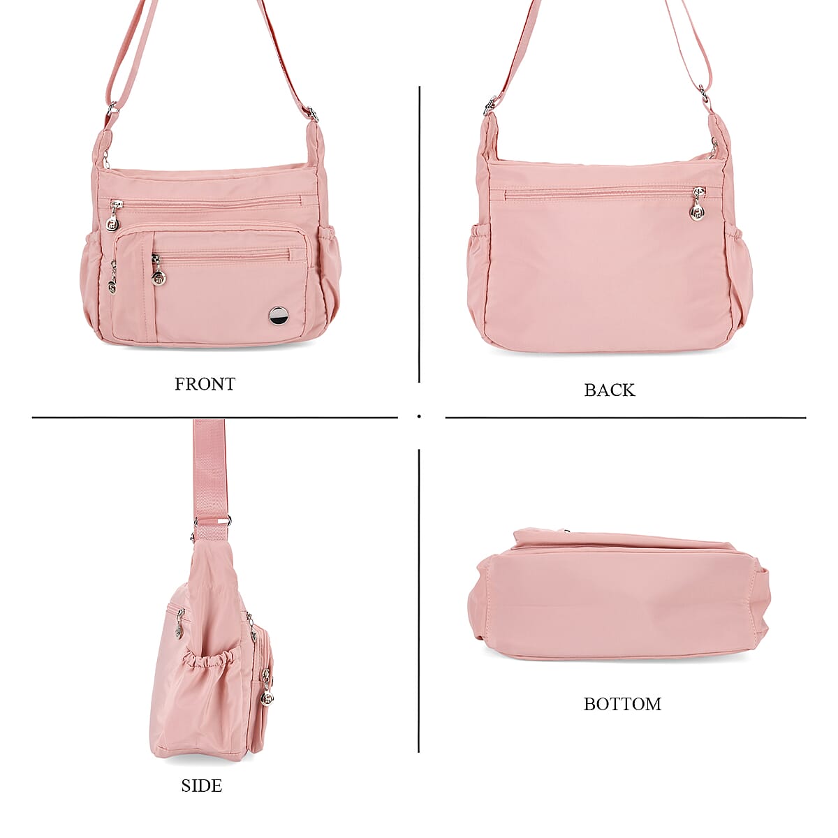  Pink Multi Pocket Nylon Crossbody Bag with Shoulder Strap image number 4
