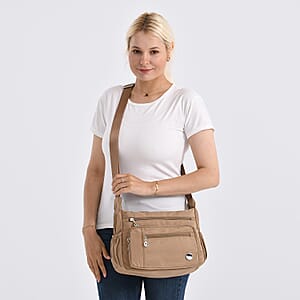  Khaki Multi Pocket Nylon Crossbody Bag with Shoulder Strap