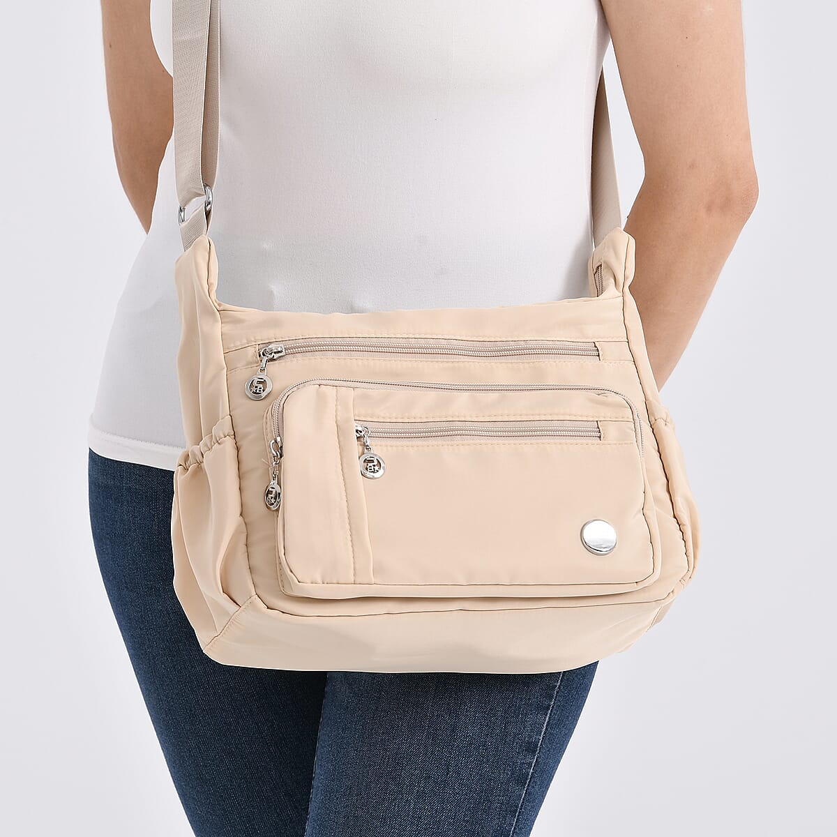  Beige Multi Pocket Nylon Crossbody Bag with Shoulder Strap image number 3