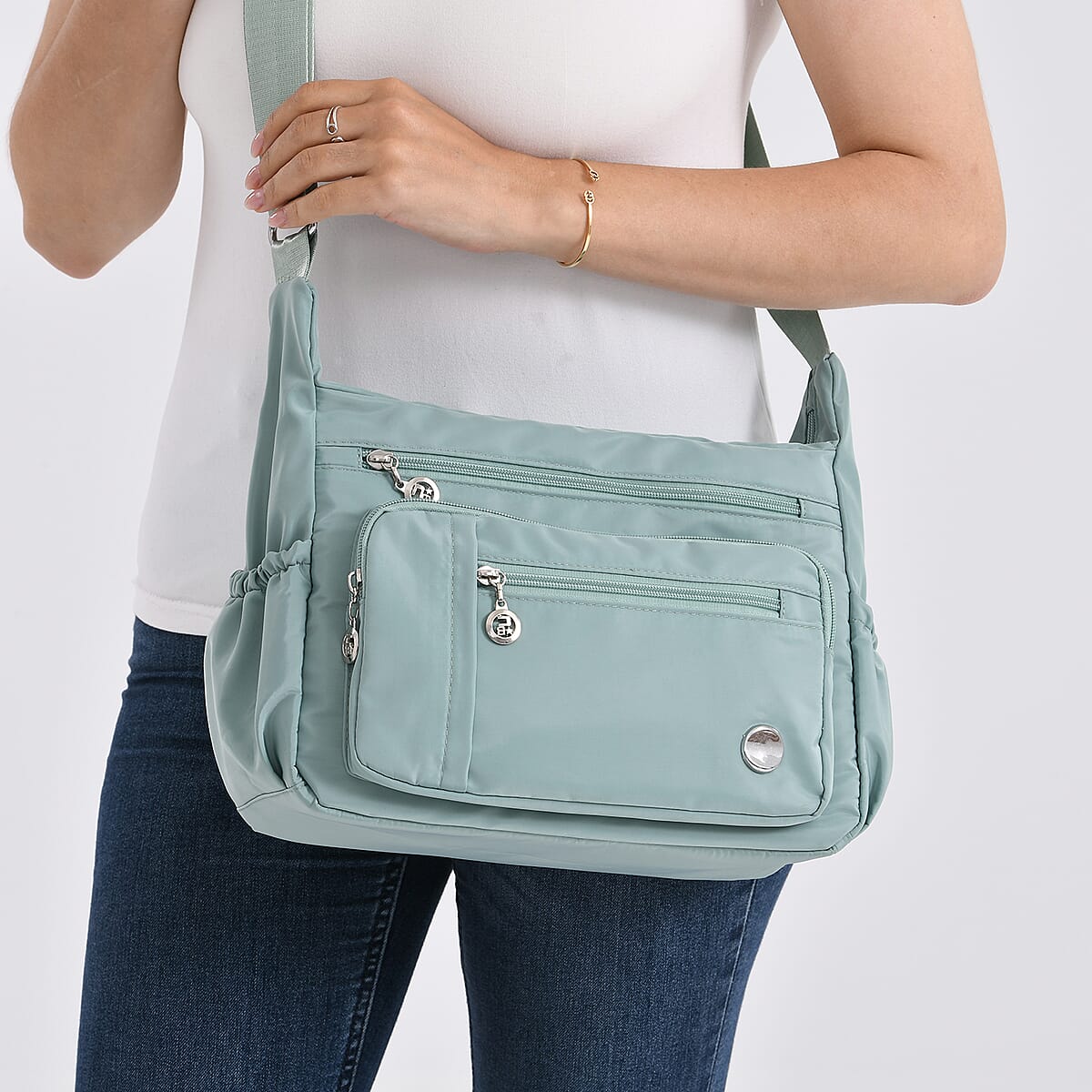 Green Multi Pocket Nylon Crossbody Bag with Shoulder Strap image number 3