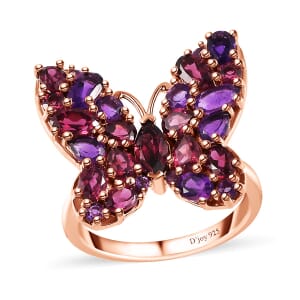 D'Joy Orissa Rhodolite Garnet and African Amethyst 4.00 ctw Butterfly Ring in 18K Vermeil Rose Gold Over Sterling Silver (Size 10.0)