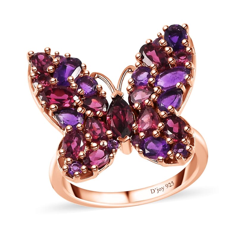 D'Joy Orissa Rhodolite Garnet and African Amethyst 4.00 ctw Butterfly Ring in 18K Vermeil Rose Gold Over Sterling Silver (Size 10.0)