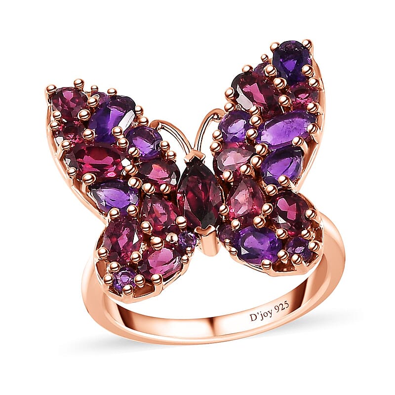 D'Joy Orissa Rhodolite Garnet and African Amethyst 4.00 ctw Butterfly Ring in 18K Vermeil Rose Gold Over Sterling Silver (Size 10.0)
