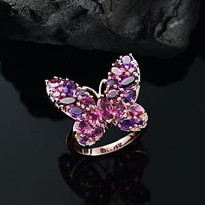 D'Joy Orissa Rhodolite Garnet and African Amethyst 4.00 ctw Butterfly Ring in 18K Vermeil Rose Gold Over Sterling Silver (Size 10.0)