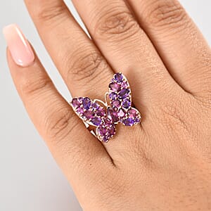 D'Joy Orissa Rhodolite Garnet and African Amethyst 4.00 ctw Butterfly Ring in 18K Vermeil Rose Gold Over Sterling Silver (Size 10.0)