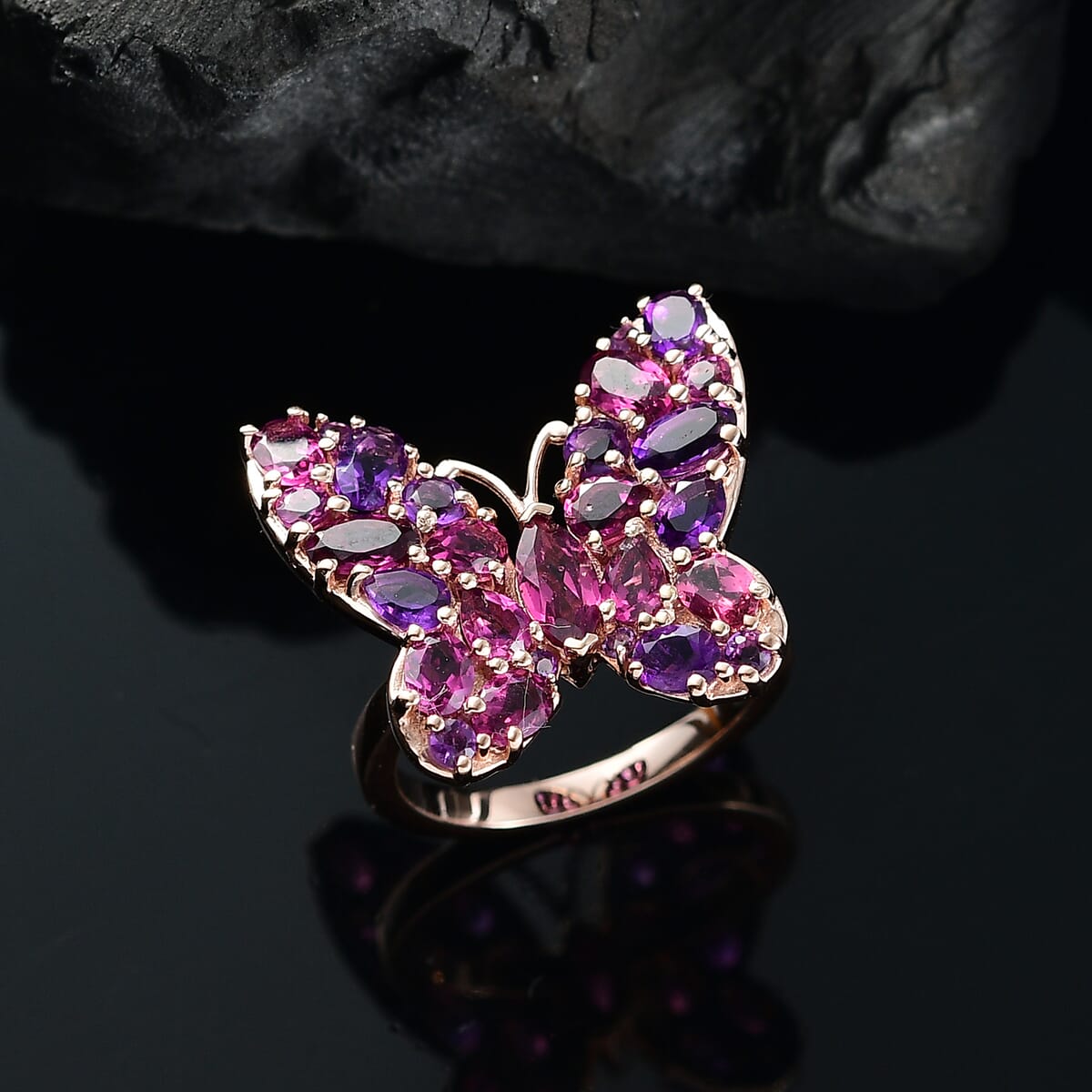 D'Joy Orissa Rhodolite Garnet and African Amethyst 4.00 ctw Butterfly Ring in 18K Vermeil Rose Gold Over Sterling Silver (Size 7.0) image number 1