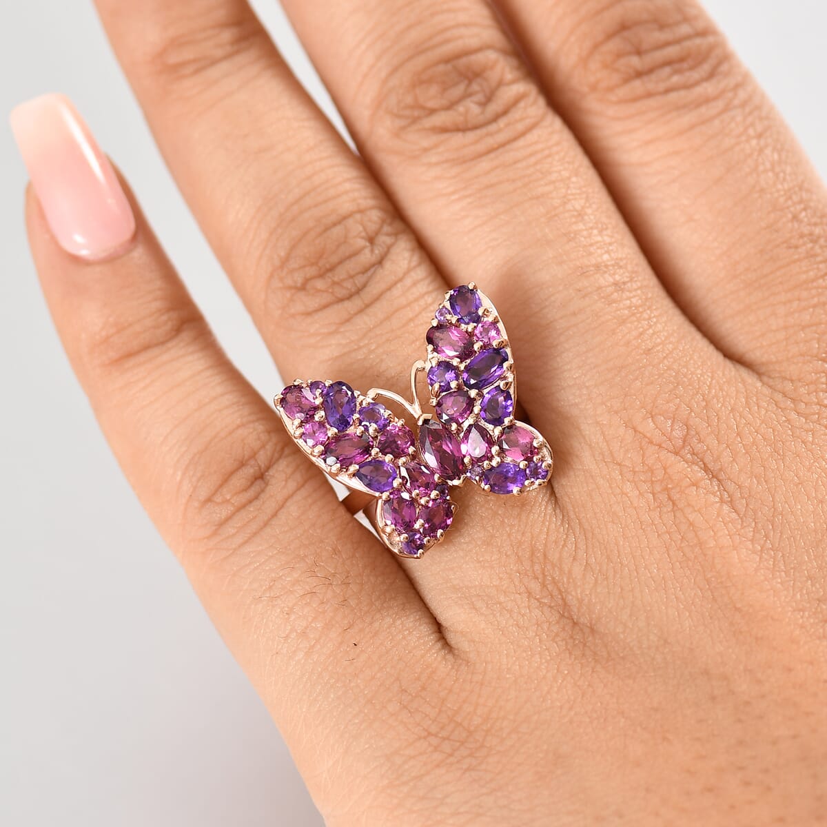 D'Joy Orissa Rhodolite Garnet and African Amethyst 4.00 ctw Butterfly Ring in 18K Vermeil Rose Gold Over Sterling Silver (Size 7.0) image number 2