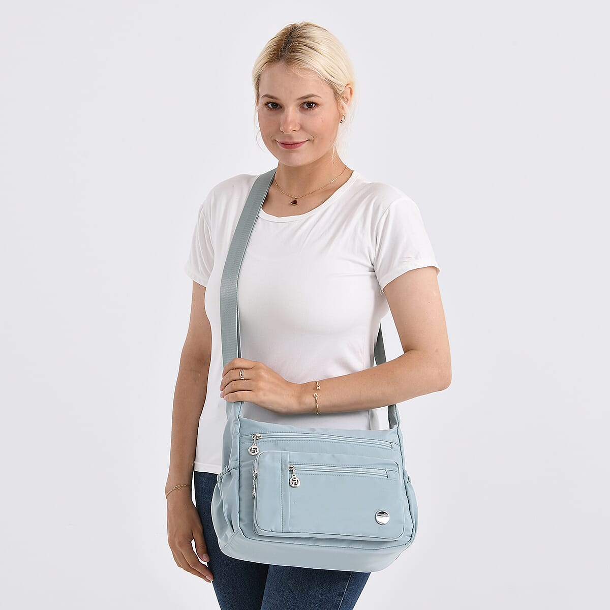  Mint Green Multi Pocket Nylon Crossbody Bag with Shoulder Strap image number 2