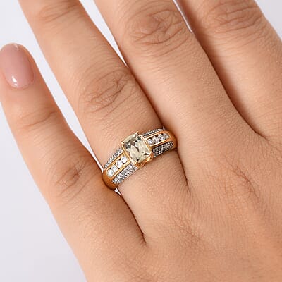 AAA Turkizite and Luxuriant Lab Grown Diamond SI 1.50 ctw Linear Majesty Ring in 18K Vermeil Yellow Gold Over Sterling Silver (Size 10.0)