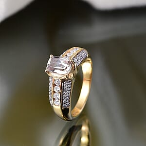 AAA Turkizite and Luxuriant Lab Grown Diamond SI 1.50 ctw Linear Majesty Ring in 18K Vermeil Yellow Gold Over Sterling Silver (Size 5.0)