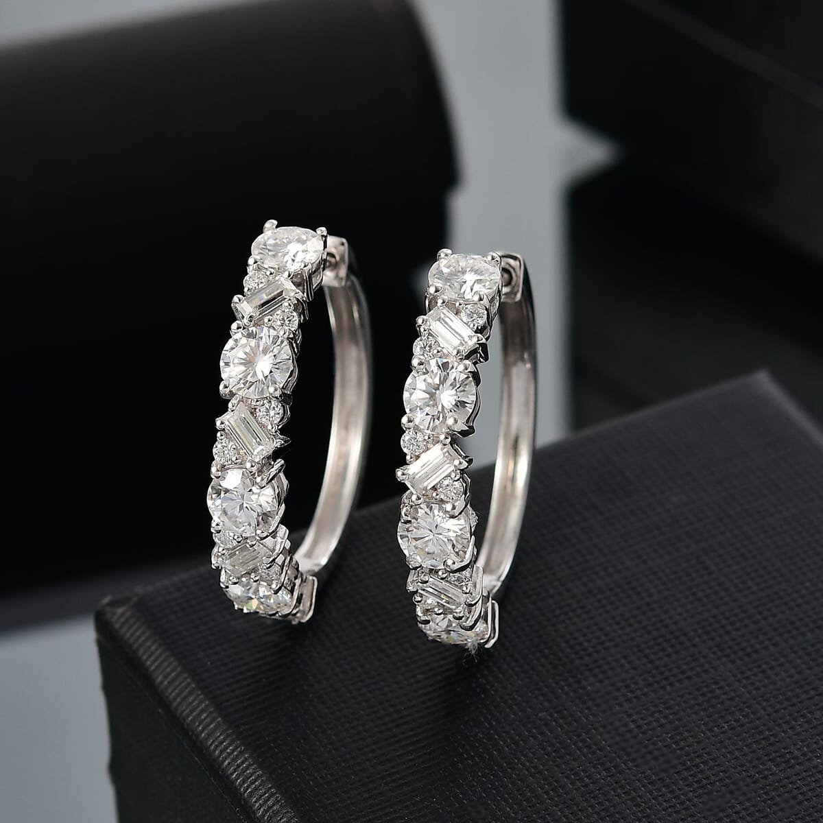 D'Joy Moissanite 4.75 ctw Stars and Constellations Hoop Earrings in Rhodium Over Sterling Silver image number 1