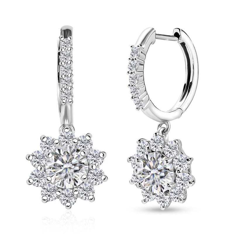 D'Joy Moissanite 3.90 ctw Sunflower Drop Earrings in Rhodium Over Sterling Silver