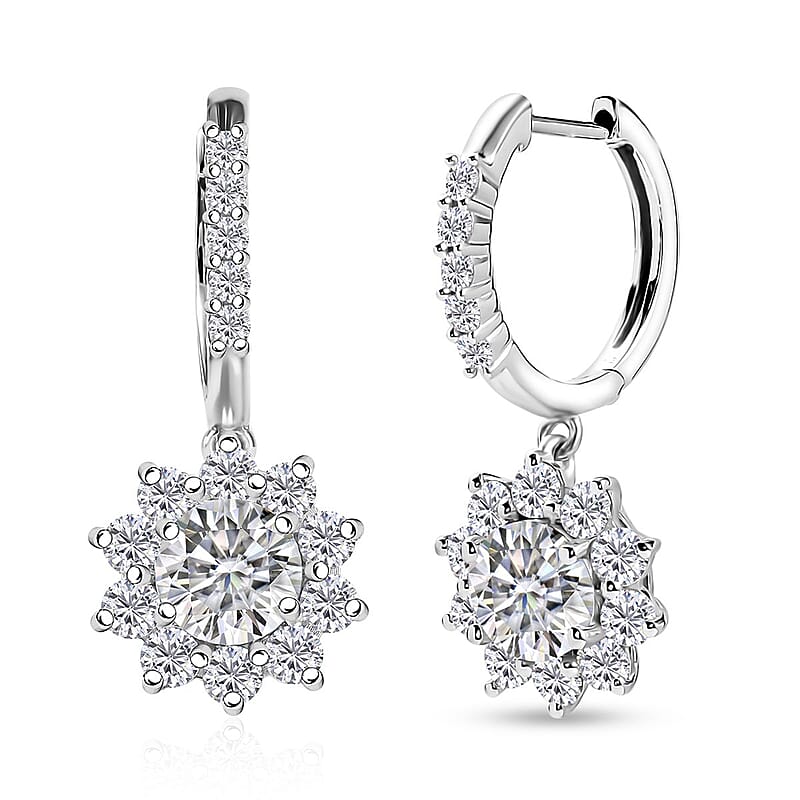 D'Joy Moissanite 3.90 ctw Sunflower Drop Earrings in Rhodium Over Sterling Silver