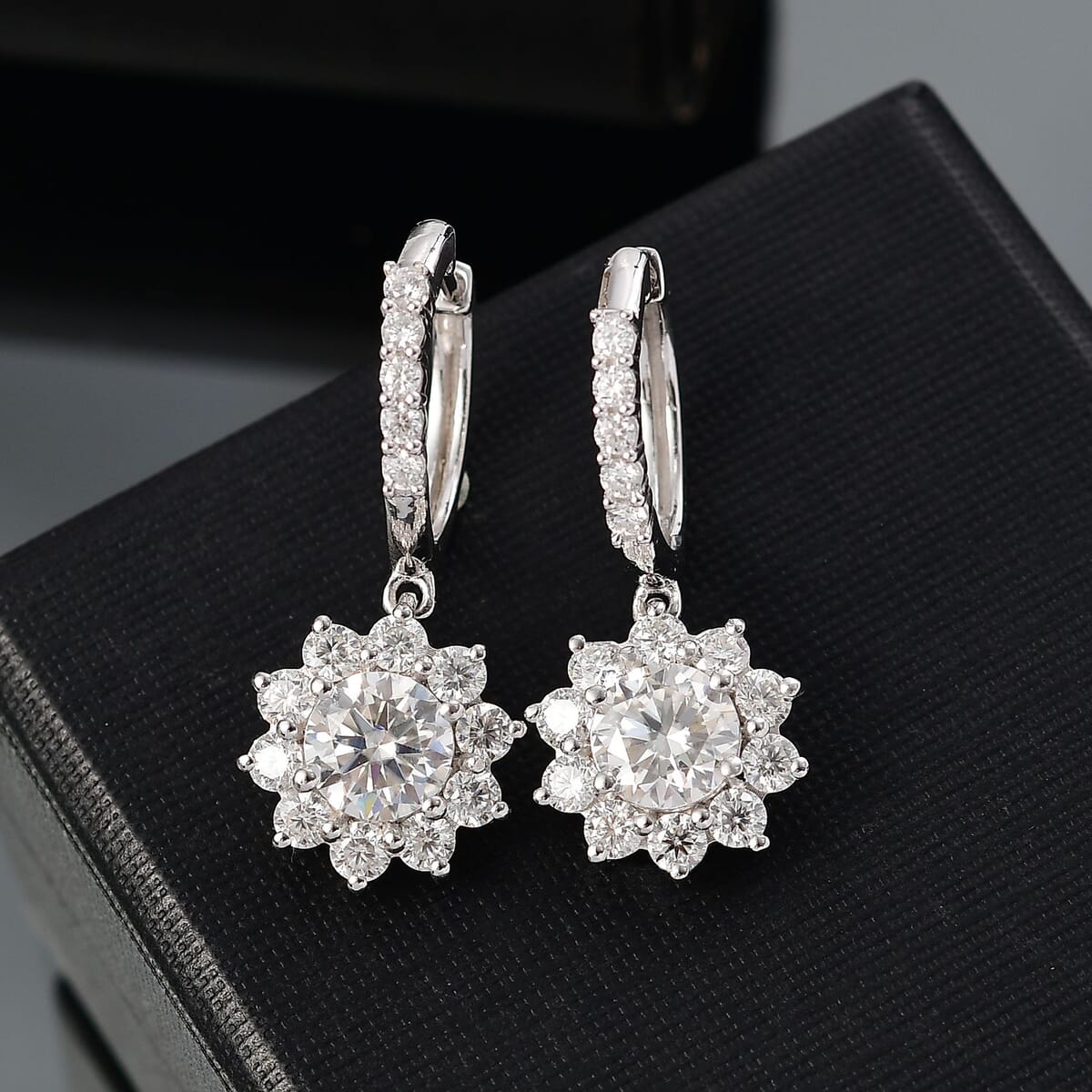 D'Joy Moissanite 3.90 ctw Sunflower Drop Earrings in Rhodium Over Sterling Silver image number 1
