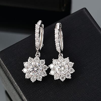 D'Joy Moissanite 3.90 ctw Sunflower Drop Earrings in Rhodium Over Sterling Silver