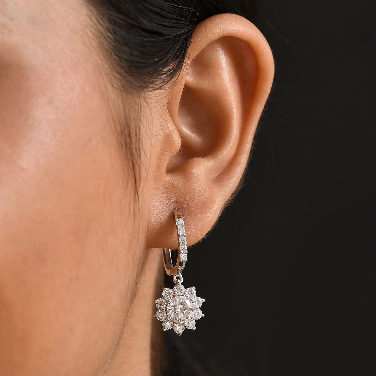 D'Joy Moissanite 3.90 ctw Sunflower Drop Earrings in Rhodium Over Sterling Silver image number 2