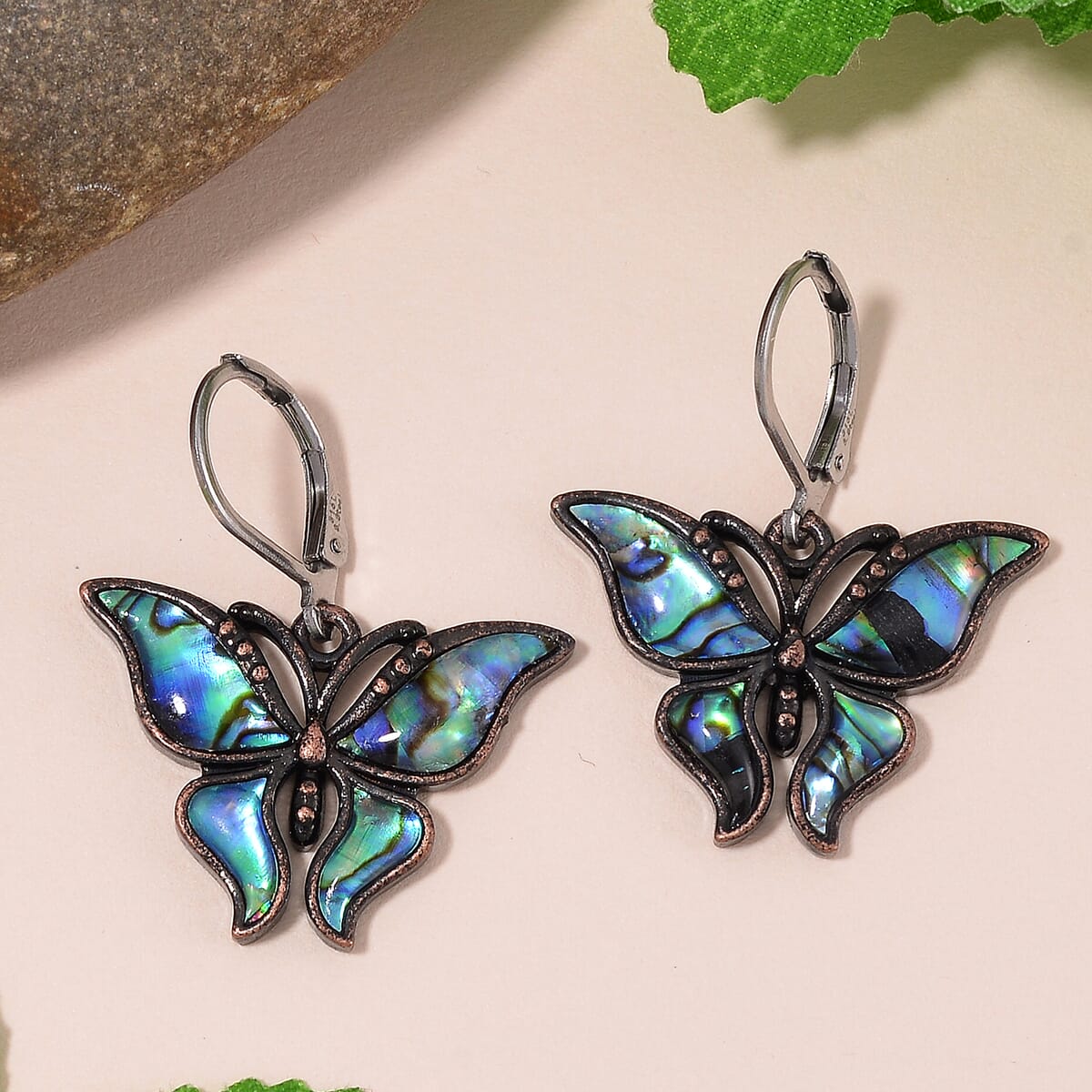 Abalone Shell Lever Back Earrings in Silvertone and Stainless Steel image number 1