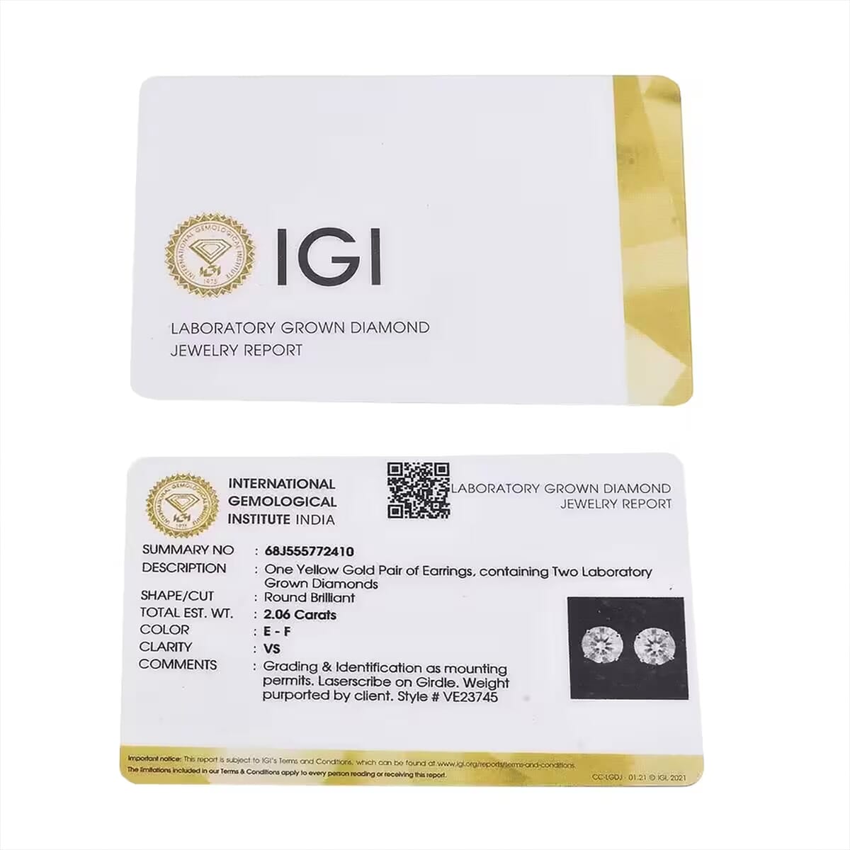 IGI Certified Luxuriant Lab Grown Diamond E-F VS 2.00 ctw Solitaire Stud Earrings in 14K Yellow Gold image number 8