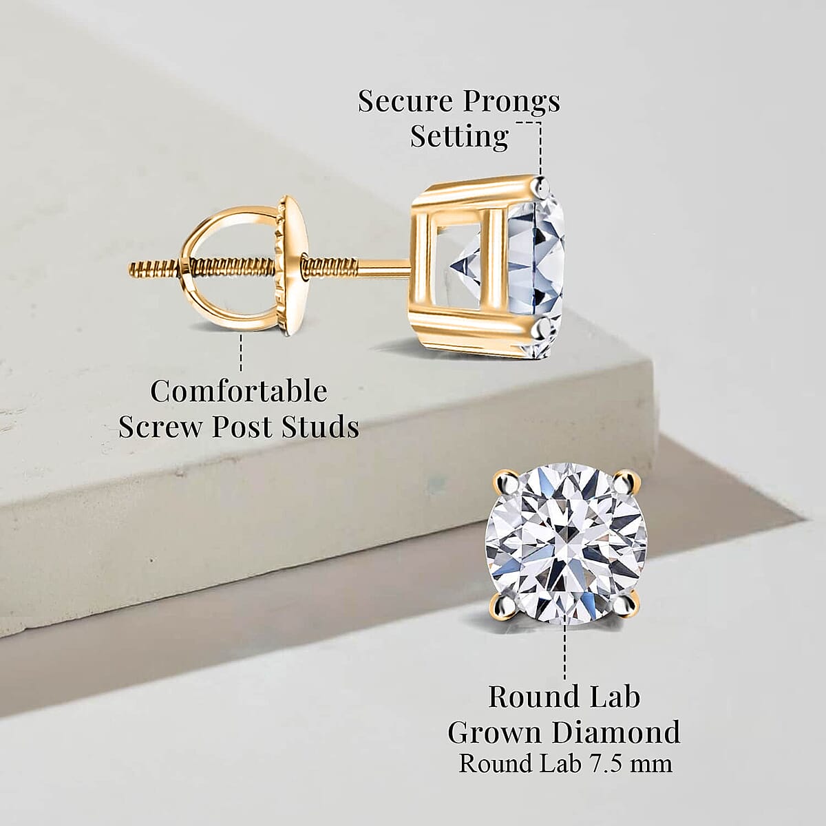 IGI Certified Luxuriant Lab Grown Diamond E-F VS 3.00 ctw Solitaire Stud Earrings in 14K Yellow Gold image number 8