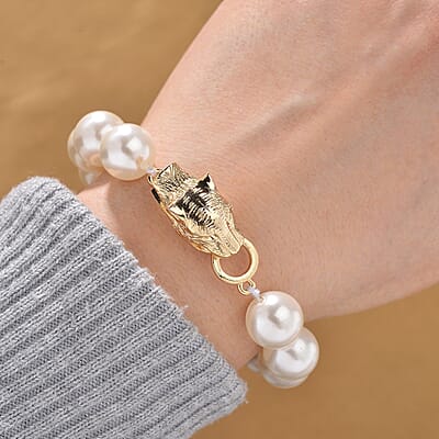 White Shell Pearl Bracelet with Leopard Lock in Goldtone (7.00 In)