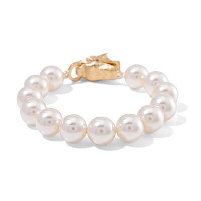 White Shell Pearl Bracelet with Leopard Lock in Goldtone (7.00 In)