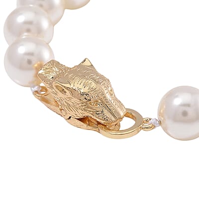 White Shell Pearl Bracelet with Leopard Lock in Goldtone (7.00 In)