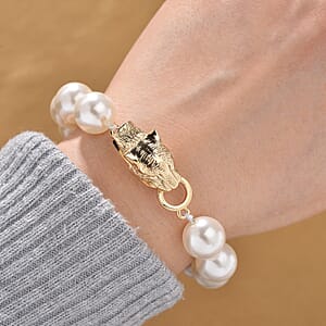 White Shell Pearl Bracelet with Leopard Lock in Goldtone (8.00 In)