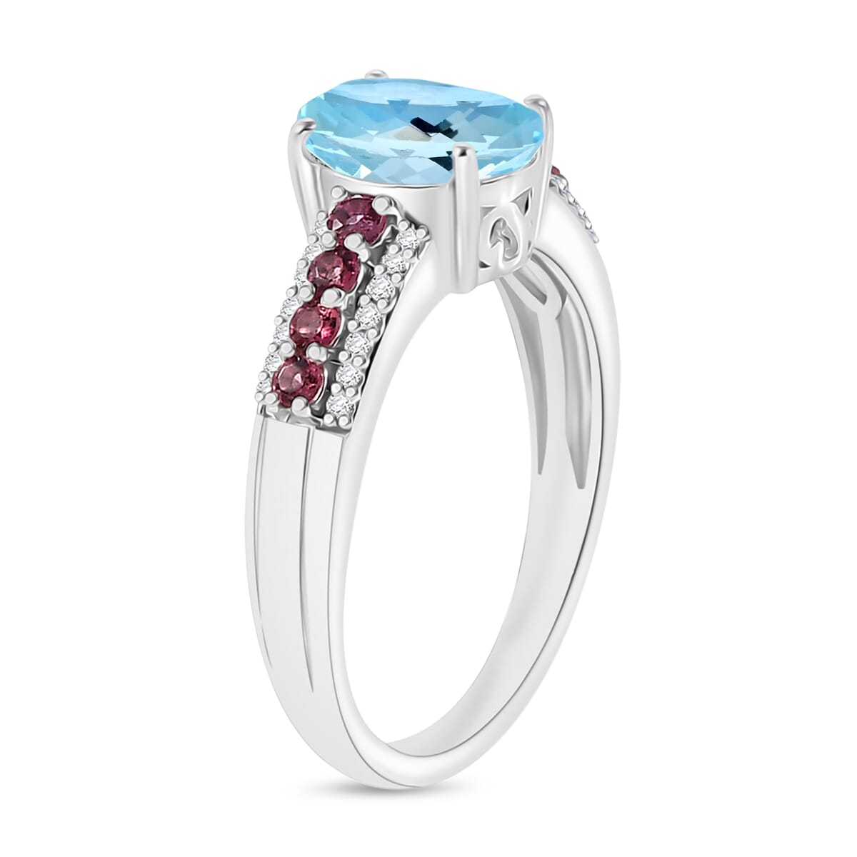 Luxoro Premium Mangoro Aquamarine, Ouro Fino Rubellite and G-H I2 Diamond 2.11 ctw Ring in 10K White Gold (Size 10.0) image number 2