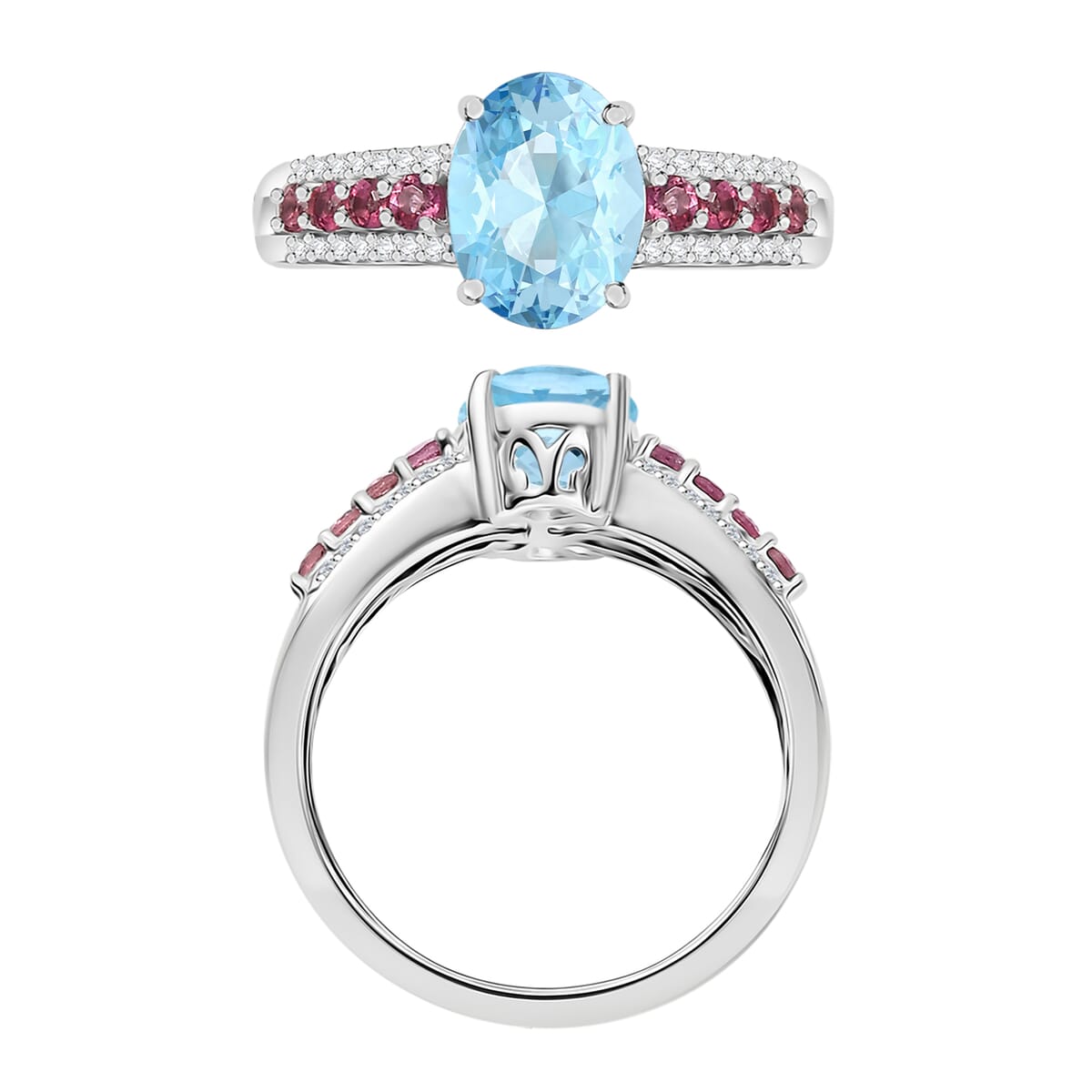Luxoro Premium Mangoro Aquamarine, Ouro Fino Rubellite and G-H I2 Diamond 2.11 ctw Ring in 10K White Gold (Size 10.0) image number 3