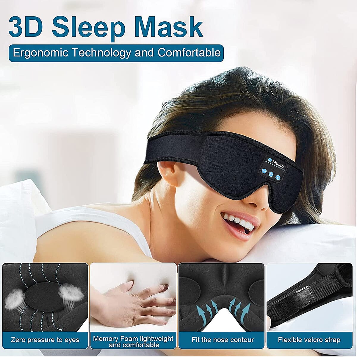 Wireless 3D Bluetooth Music Hood Eye Mask - Black image number 1