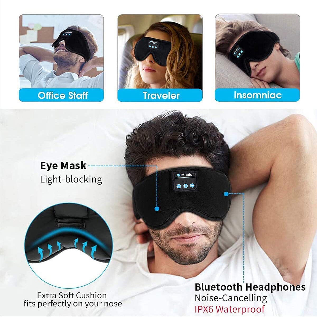 Wireless 3D Bluetooth Music Hood Eye Mask - Black image number 2