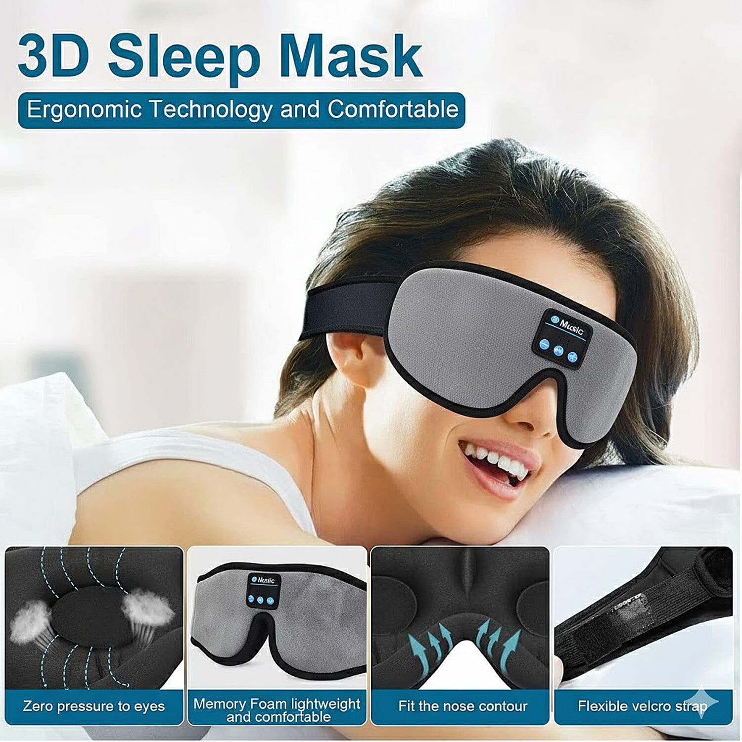 Wireless 3D Bluetooth Music Hood Eye Mask - Gray