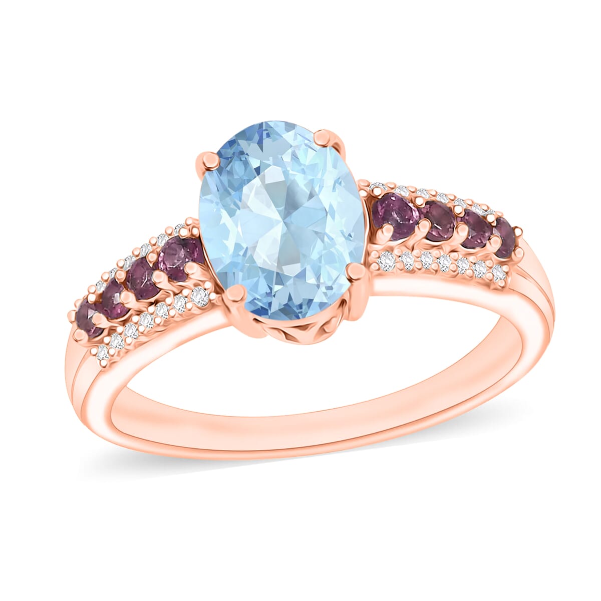 Mangoro Aquamarine, Ouro Fino Rubellite and Diamond 2.11 ctw Ring in 18K Vermeil Rose Gold Over Sterling Silver (Size 10.0) image number 0